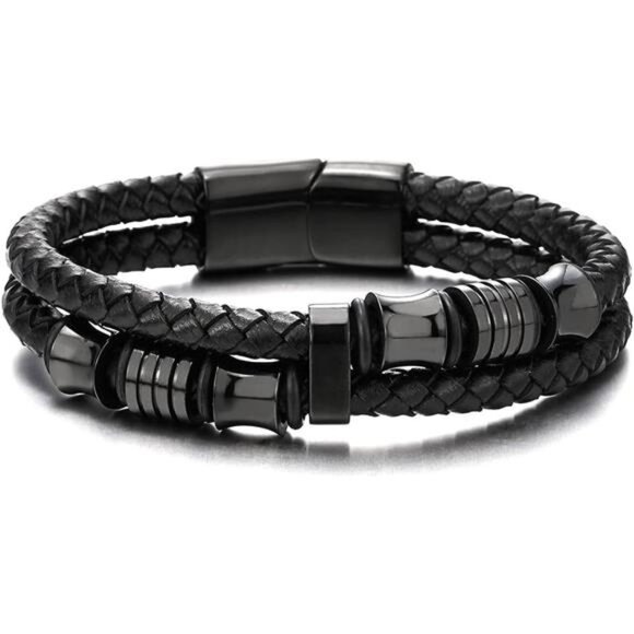 Mens Braided Leather Bracelet Double Row Bangle Wristband Stainless Steel Black - Picture 5 of 7